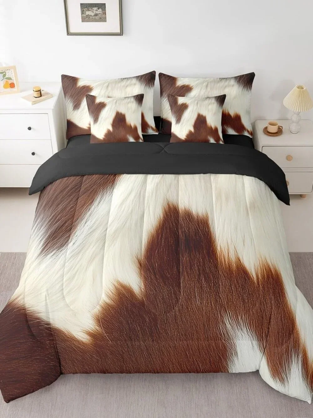 Brown Cowhide Teens Comforter Set 7 Piece Cute Cow Print Bedding Set Twin Size W